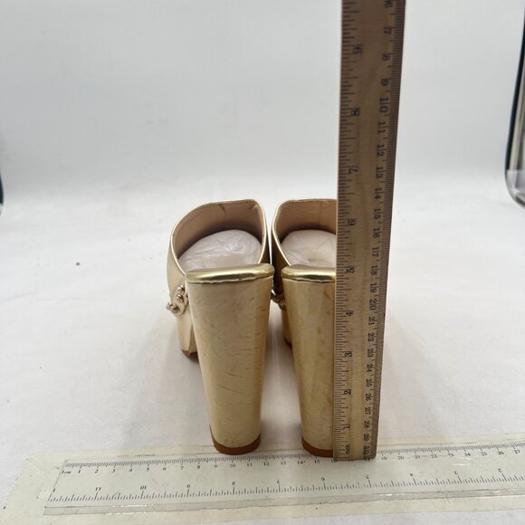 miss left Light Gold Platform Chunky High Heel Mules Open Toe Studded Sandals - Picture 5 of 8